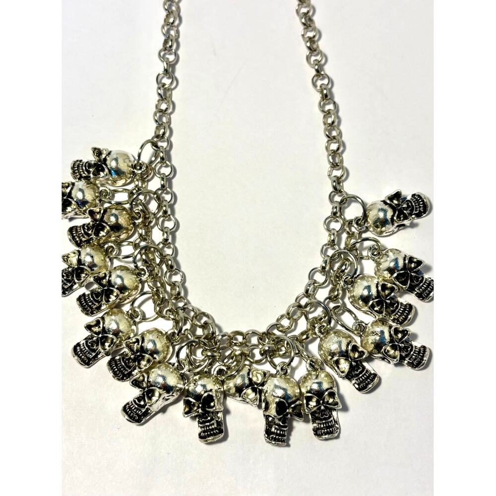 Gothic Skull Necklace Choker, Halloween, Skeleton. Multiple Silver-tone Skulls